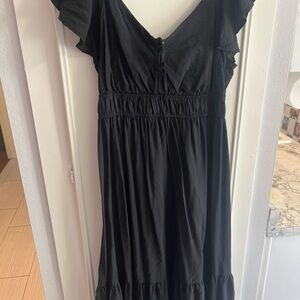 Nine West Black Midi Dress VNeck flutter short sleeves elastic waist front tie